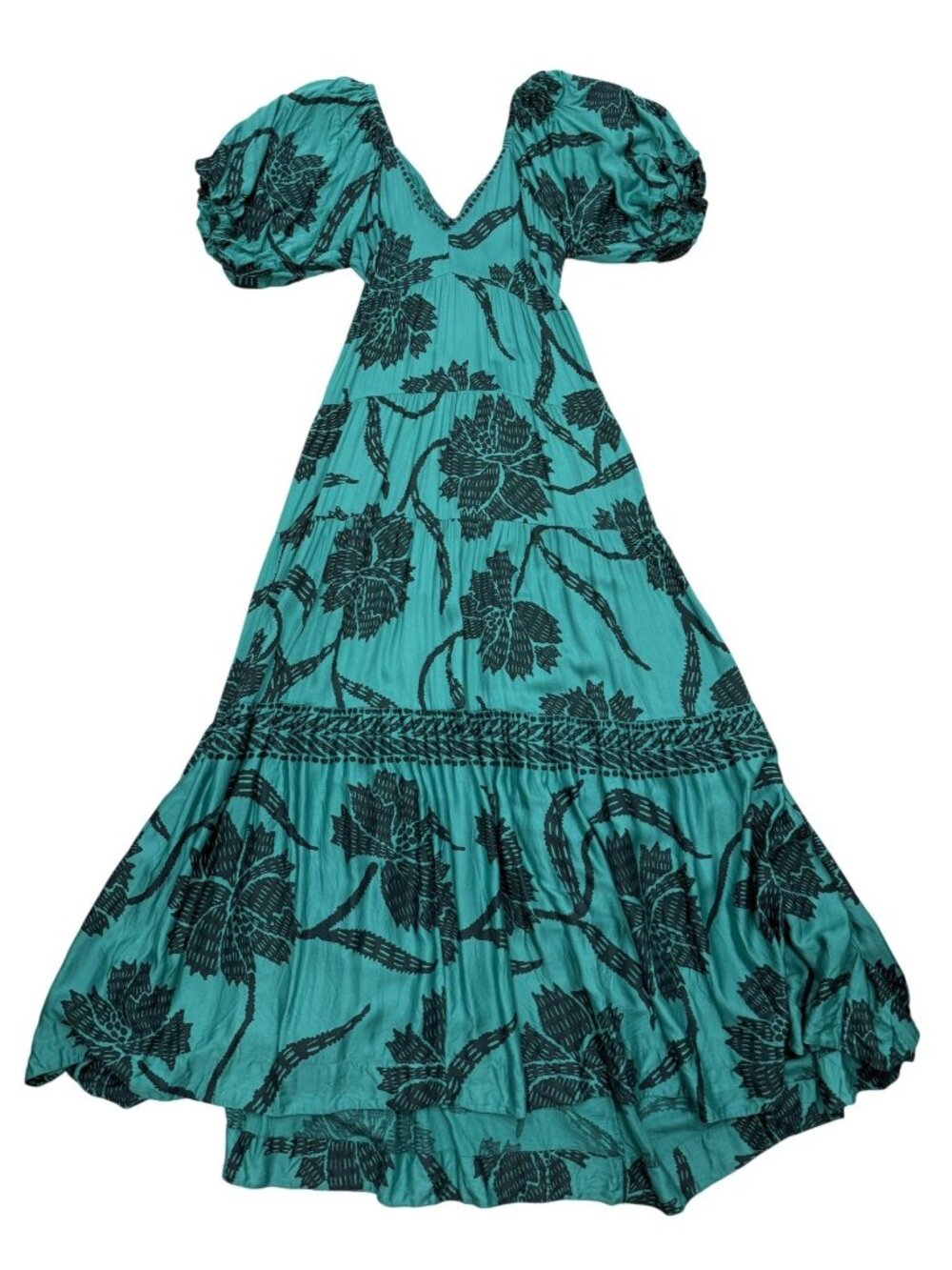 Omika Floral Tiered Puff Sleeve Green Maxi Dress Aline Romantic Cut Out Back M